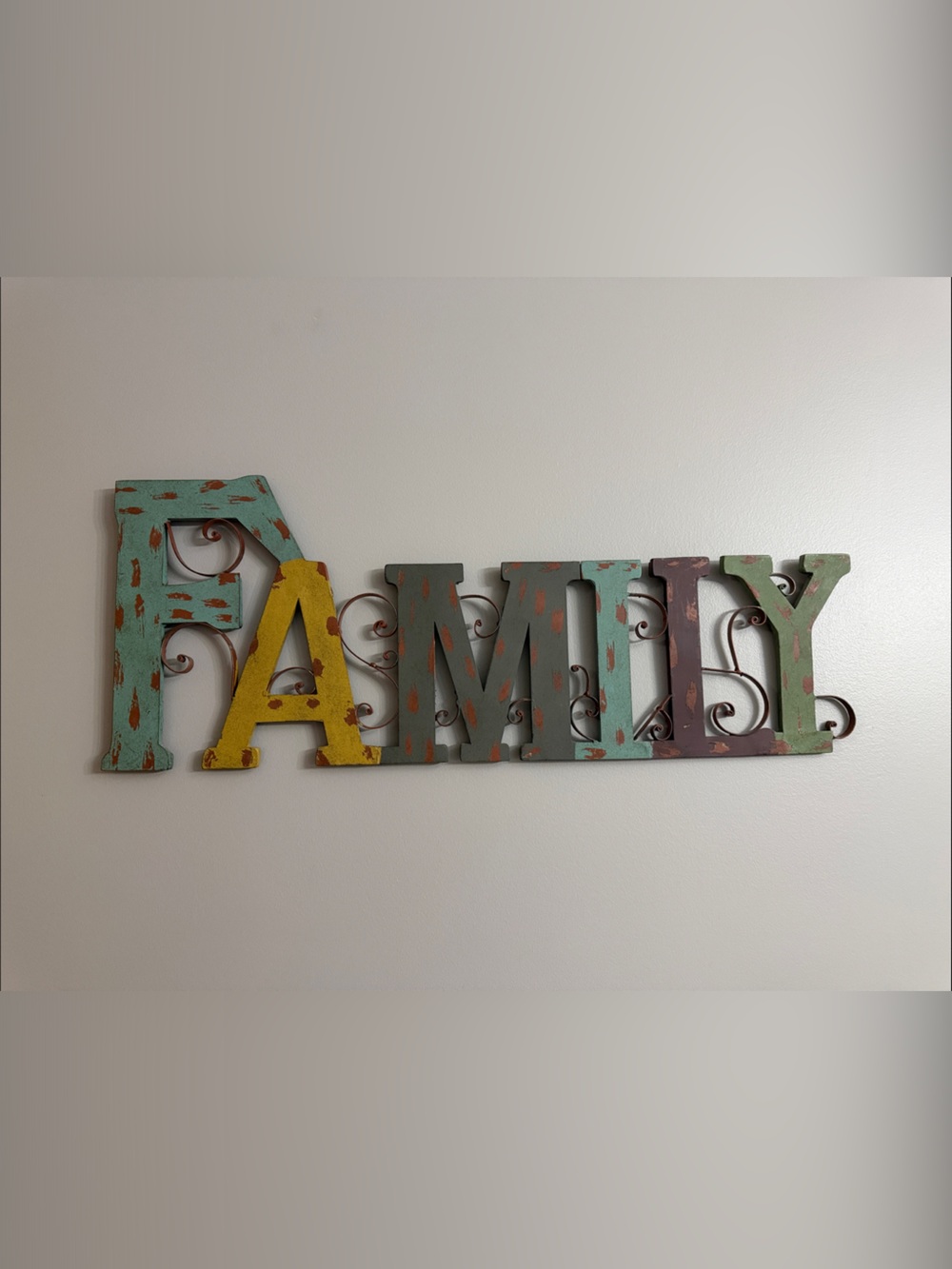 Home Wall Decor "Family" Letter Sign in Teal, Yellow, Gray, Brown